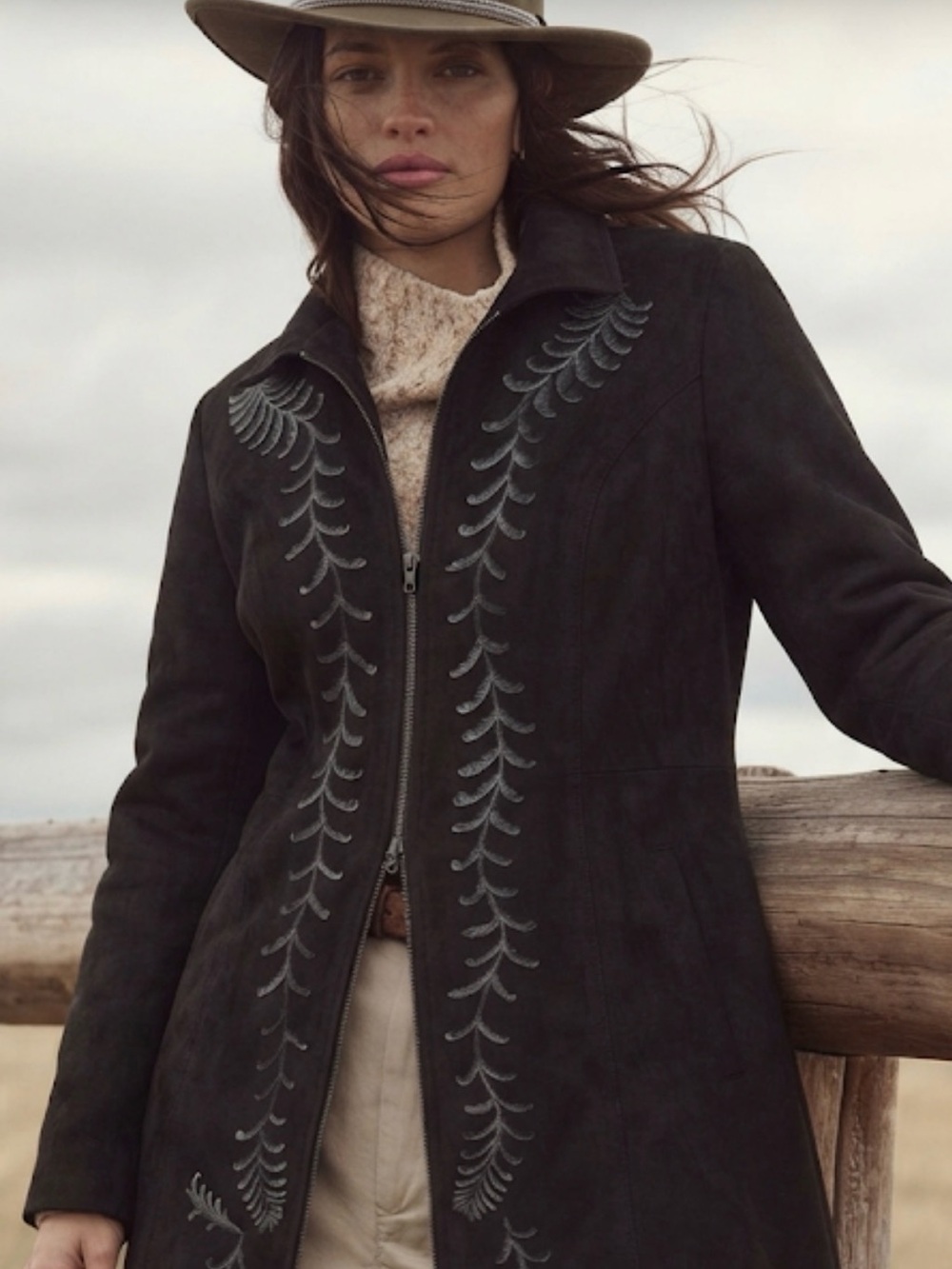 Panhandle Slim Black Faux long western suede embroidered Zip-Front coat S
